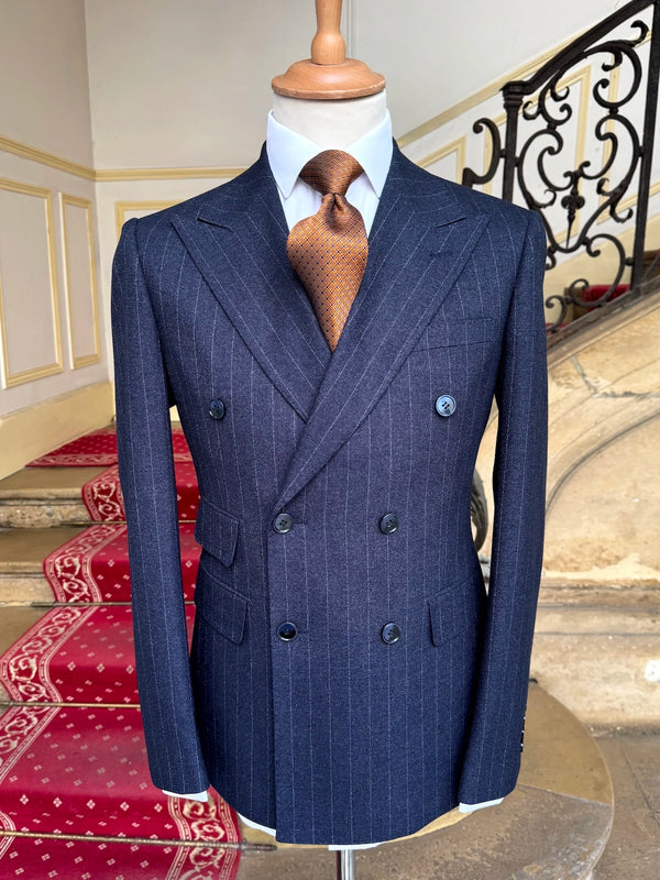 Double Breasted Striped Navy Crepe Suit