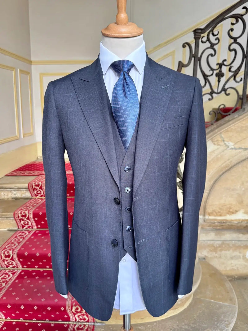 Costume Trois Pièces Gris Carreaux Bleuté
